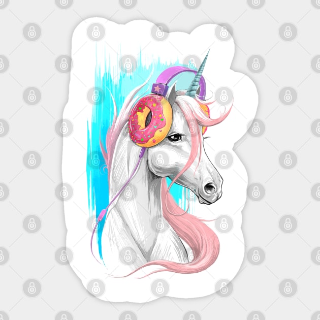 Unicorn in the headphones of donuts Sticker by NikKor